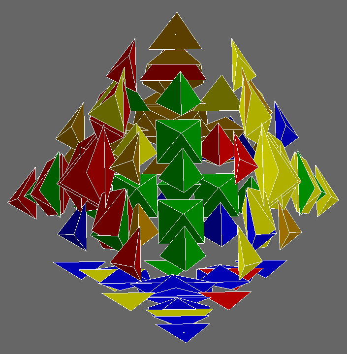 A 4D pyraminx with the green-red-orange oriented on the green layer but permuted incorrectly