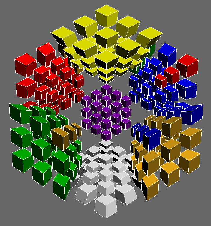 A regular A-perm executed on the 4D Rubik's cube. There are three 3x1x1 strips permuted